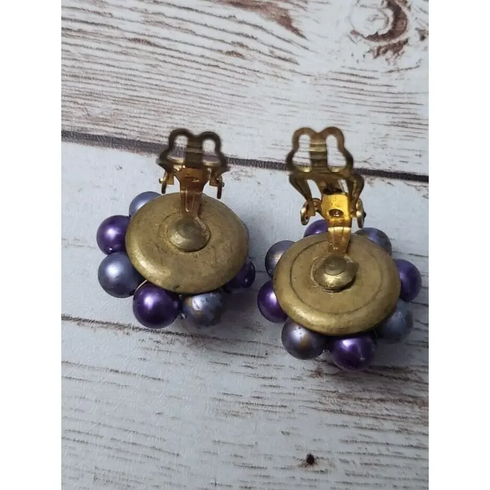 Vintage Clip On Earrings - Violet, Blue & Bronze Tone Cluster